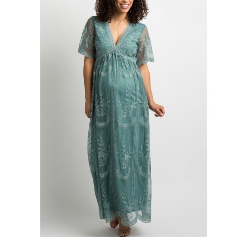 Pinkblush Lace Overlay Maxi Maternity Dress in Sage Size Small - Picture 5 of 11